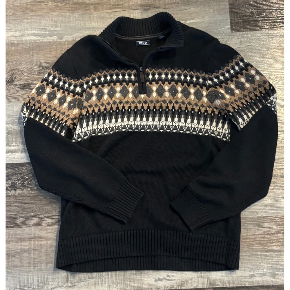 IZOD Mens Fair Isle Quarter Zip Sweater Black Tan Nordic Pullover XLT